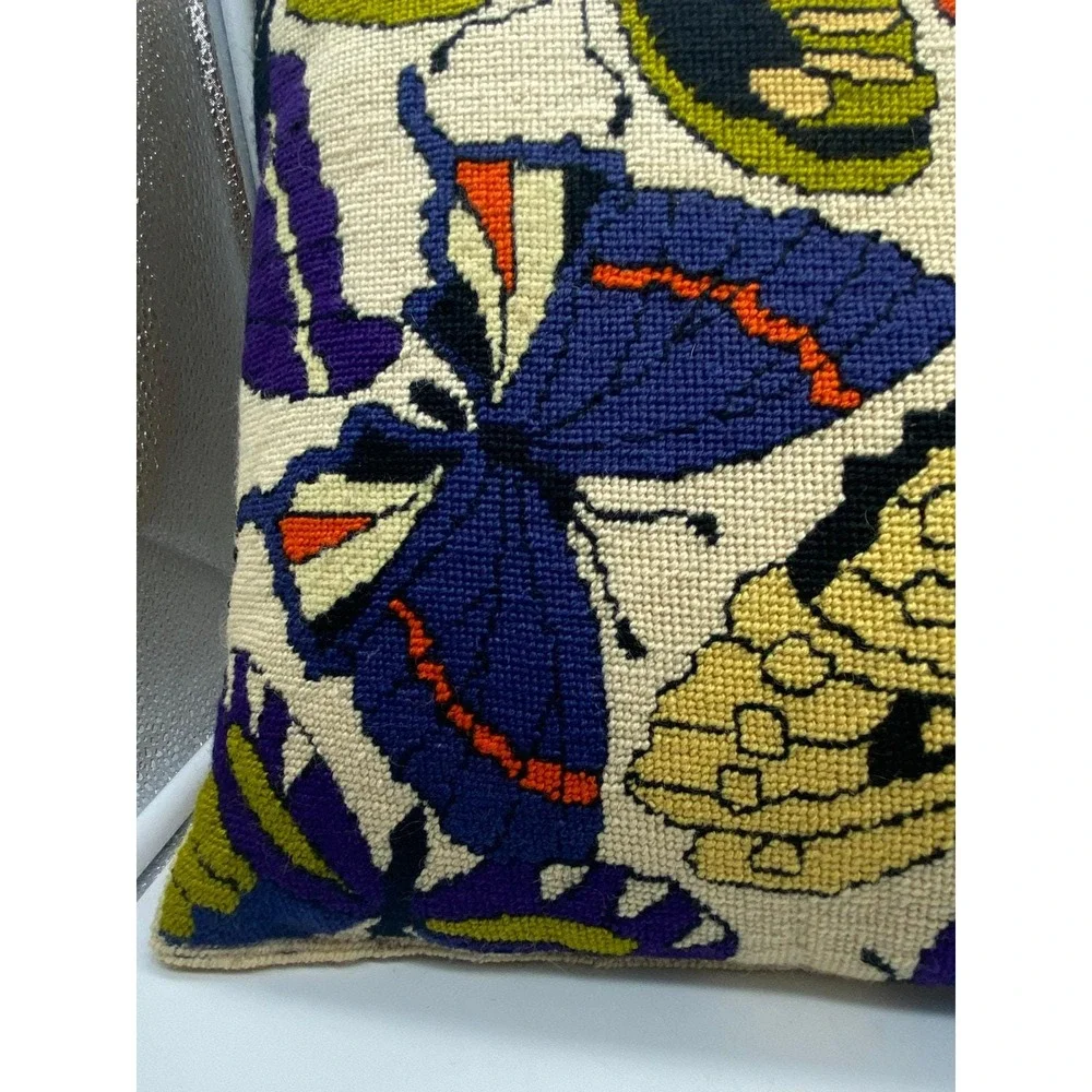 VTG Embroidered colorful Butterfly Throw‎ Pillow Corduroy Back Handmade READ